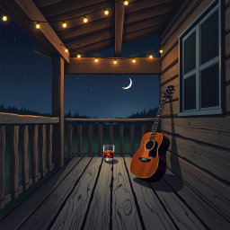 A 2D illustration of a country band album cover featuring a rustic wooden porch at night