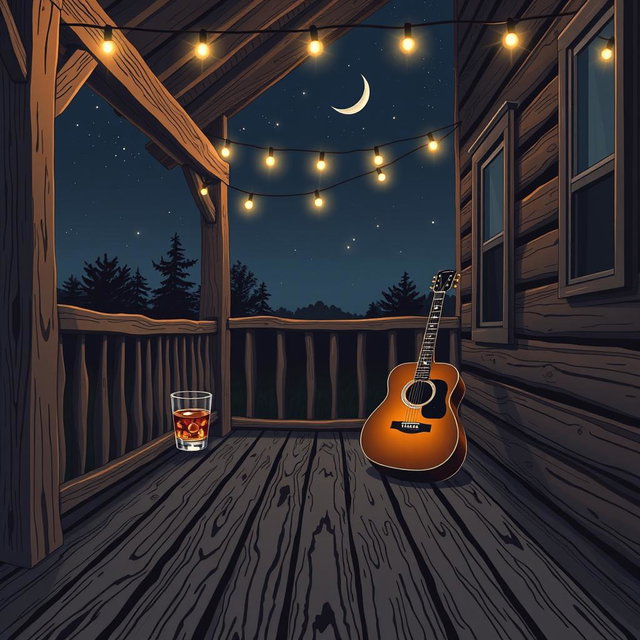 A 2D illustration of a country band album cover featuring a rustic wooden porch at night