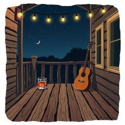A 2D illustration of a country band album cover featuring a rustic wooden porch at night