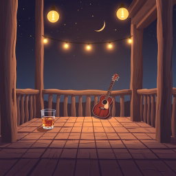 A 2D illustration of a country band album cover featuring a rustic wooden porch at night