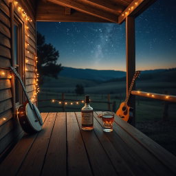 A nostalgic country band cover scene featuring a bottle of whiskey and a glass sitting on a weathered wooden porch at night