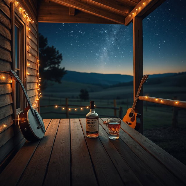 A nostalgic country band cover scene featuring a bottle of whiskey and a glass sitting on a weathered wooden porch at night