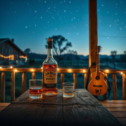 A nostalgic country band cover scene featuring a bottle of whiskey and a glass sitting on a weathered wooden porch at night