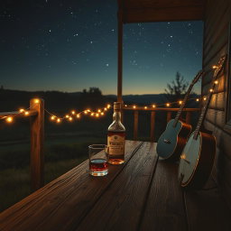 A nostalgic country band cover scene featuring a bottle of whiskey and a glass sitting on a weathered wooden porch at night