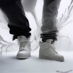 Close-up editorial photo showcasing avant-garde, all-white sneakers amid a swirling snowstorm, imbued with a moody atmosphere.