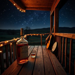 A nostalgic country band cover scene featuring a bottle of whiskey and a glass sitting on a weathered wooden porch at night