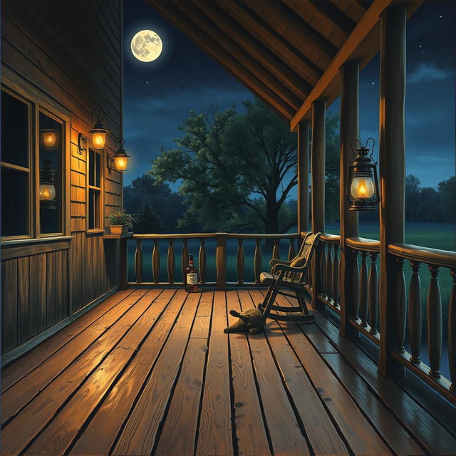 A beautifully detailed painting of a country band album cover, featuring an inviting wooden porch at night