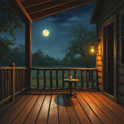 A beautifully detailed painting of a country band album cover, featuring an inviting wooden porch at night