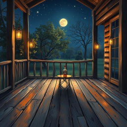 A beautifully detailed painting of a country band album cover, featuring an inviting wooden porch at night