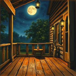 A beautifully detailed painting of a country band album cover, featuring an inviting wooden porch at night