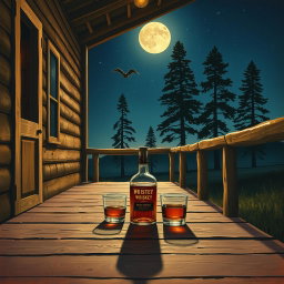 A detailed painting of a country music band album cover, set on a rustic wooden porch at night