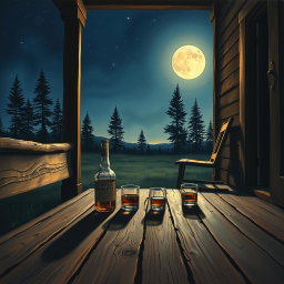 A detailed painting of a country music band album cover, set on a rustic wooden porch at night
