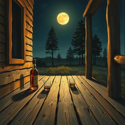 A detailed painting of a country music band album cover, set on a rustic wooden porch at night