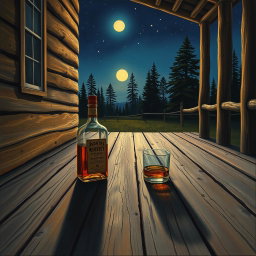 A detailed painting of a country music band album cover, set on a rustic wooden porch at night