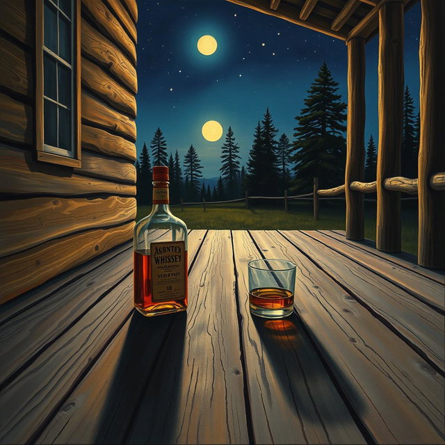 A detailed painting of a country music band album cover, set on a rustic wooden porch at night
