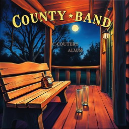 A vibrant and detailed painting depicting a country band album cover