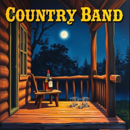 A vibrant and detailed painting depicting a country band album cover