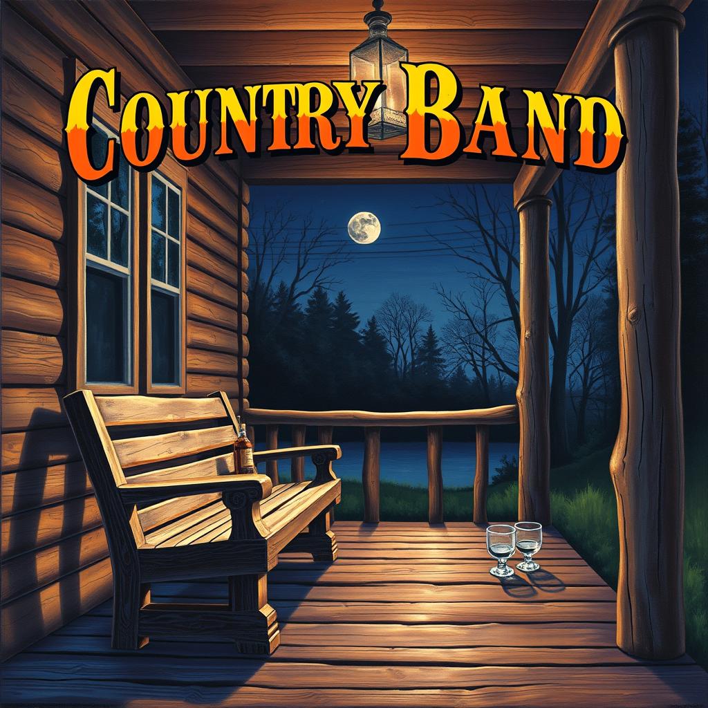 A vibrant and detailed painting depicting a country band album cover