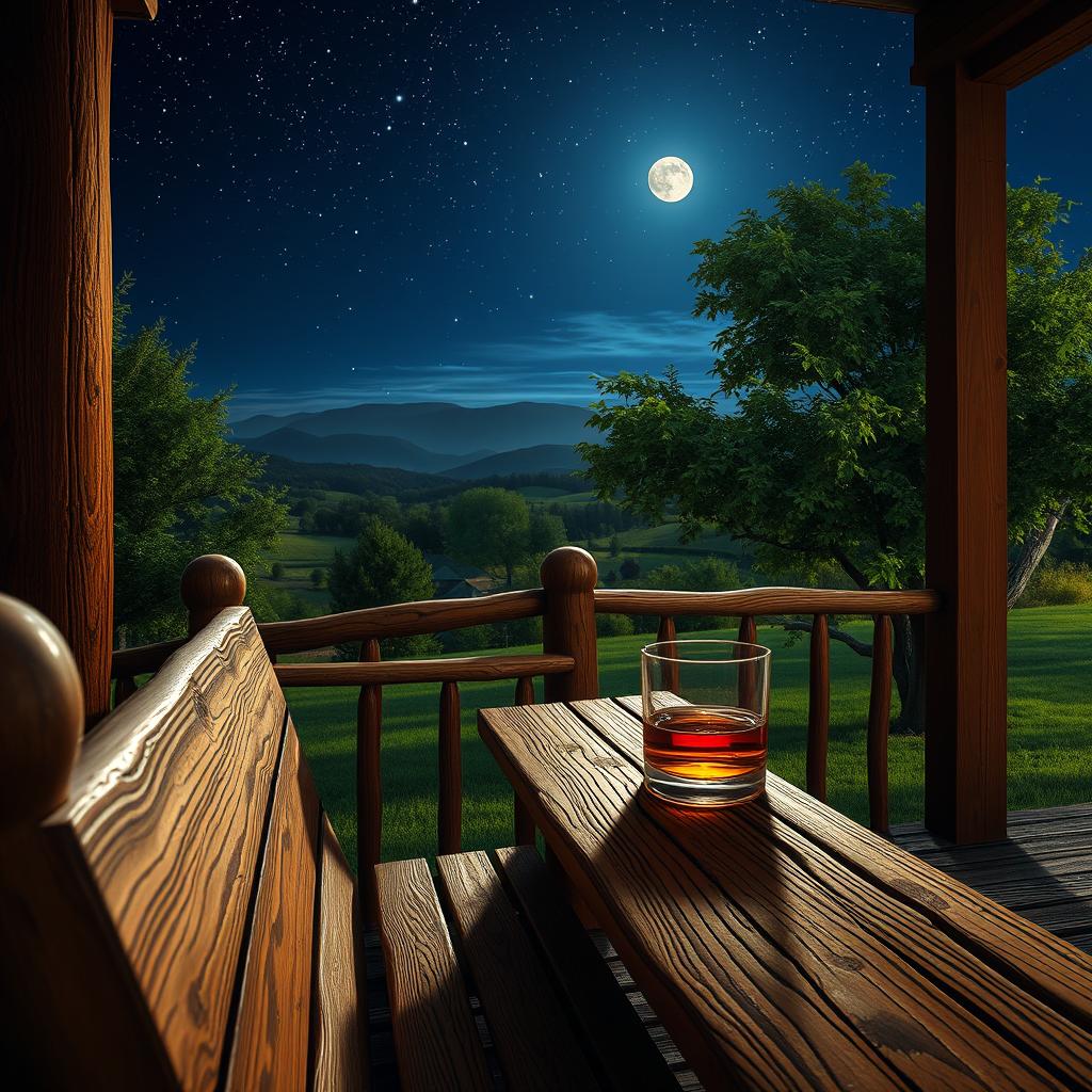 A picturesque country scene depicting a rustic wooden porch at night