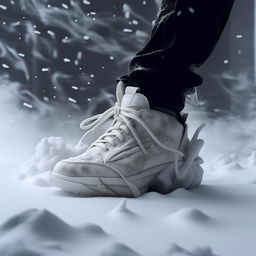 Close-up editorial photo showcasing avant-garde, all-white sneakers amid a swirling snowstorm, imbued with a moody atmosphere.