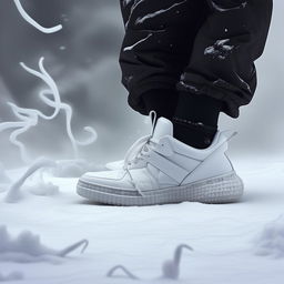 Close-up editorial photo showcasing avant-garde, all-white sneakers amid a swirling snowstorm, imbued with a moody atmosphere.