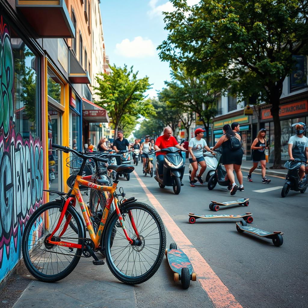 A vibrant urban scene depicting a lively street filled with various modes of transportation