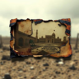 A digitally manipulated image of a photograph that appears heavily damaged and destroyed