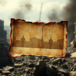 A digitally manipulated image of a photograph that appears heavily damaged and destroyed