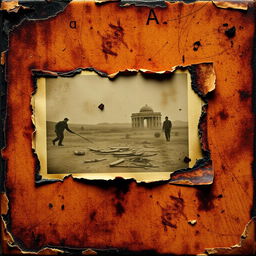 A digitally manipulated image of a photograph that appears heavily damaged and destroyed