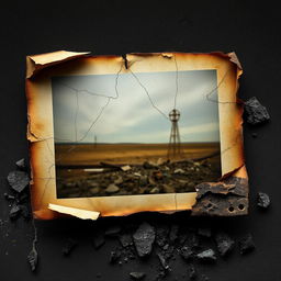 A digitally altered image of a photo that appears as if it has been severely damaged and destroyed