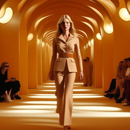 Kate Moss dressed in a classic 70s Dior outfit, strutting down the runway, with the action captured in a vintage photo aesthetic.