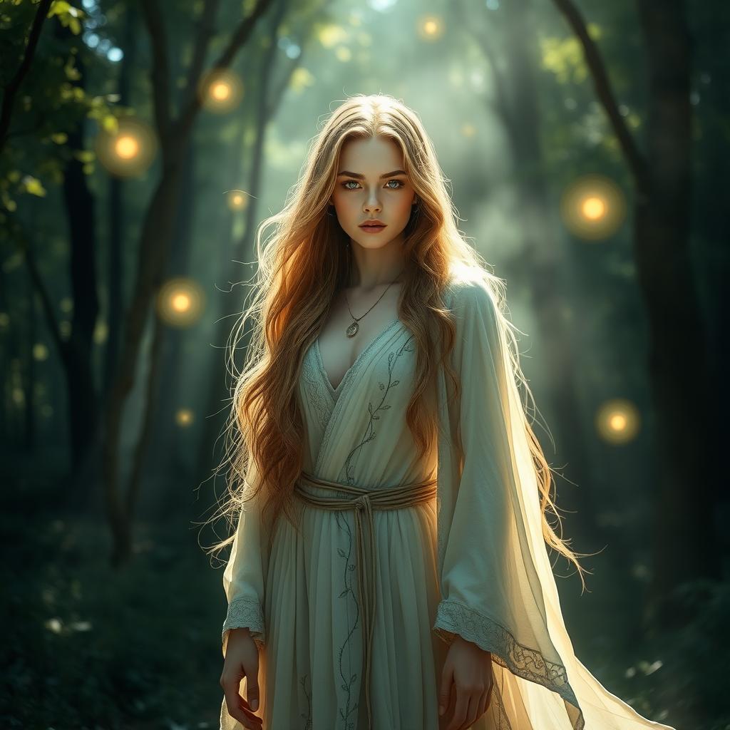 Amelia, a human resurrected as a mystical Seer, stands in a tranquil forest glade