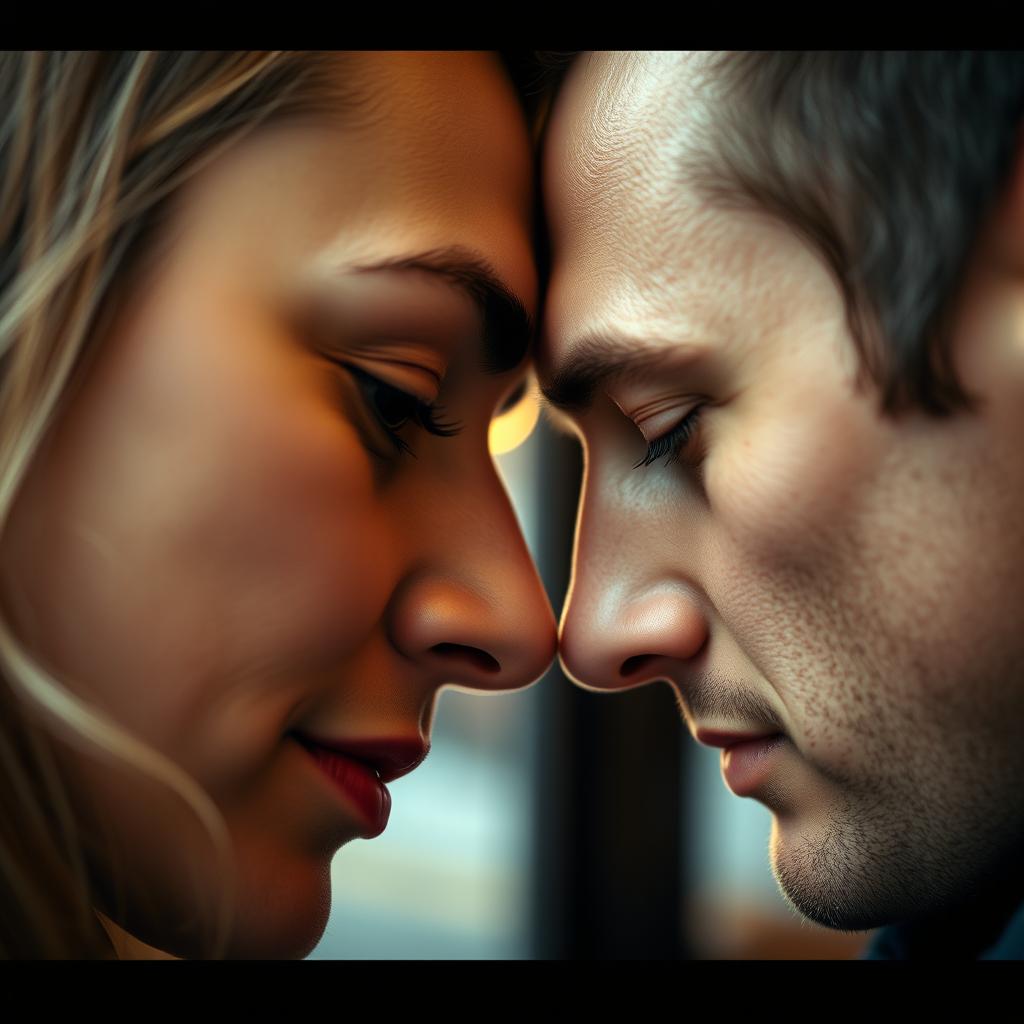 A close-up portrait of a man and woman facing each other, their faces just inches apart