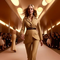 Kate Moss dressed in a classic 70s Dior outfit, strutting down the runway, with the action captured in a vintage photo aesthetic.