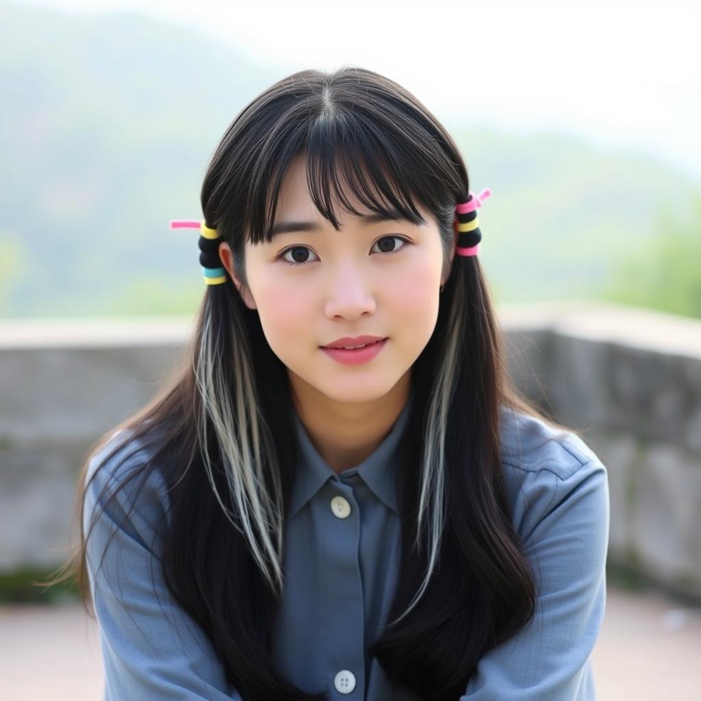 A beautiful Korean woman wearing a gray button-up blouse, her long black hair featuring several white strands, partially tied with colorful rubber bands