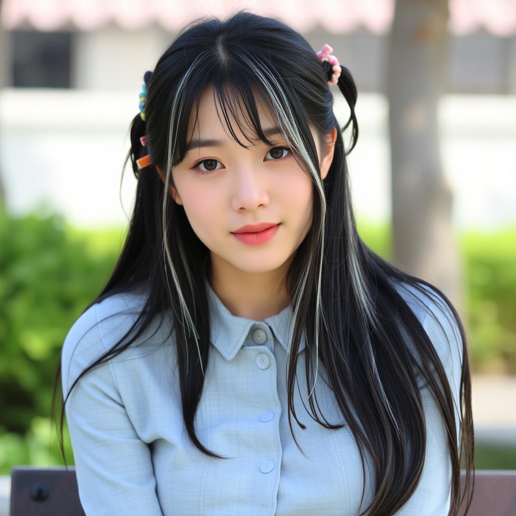 A beautiful Korean woman wearing a light grey button-up top, with long black hair featuring several white strands, some of her hair tied with colorful hair ties