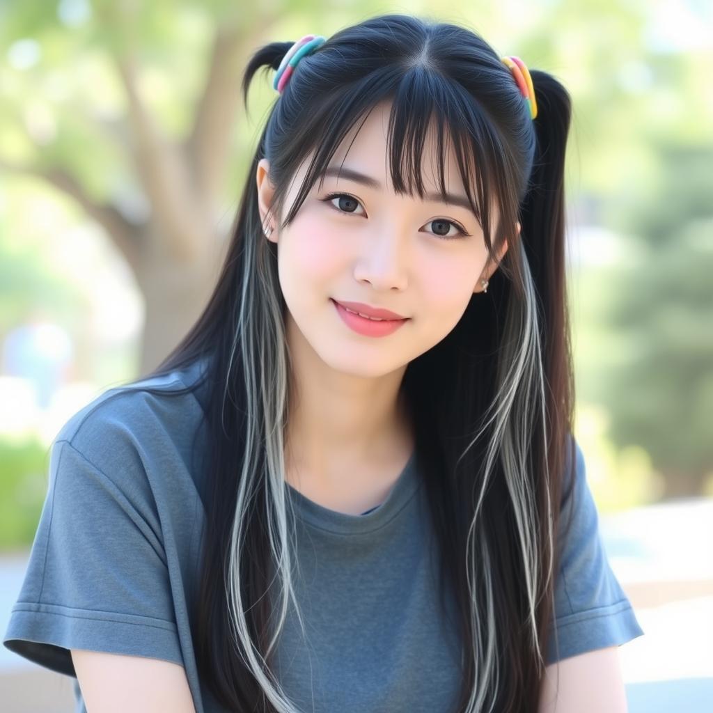 A beautiful Korean woman wearing a gray button-up t-shirt, with long black hair featuring some white strands