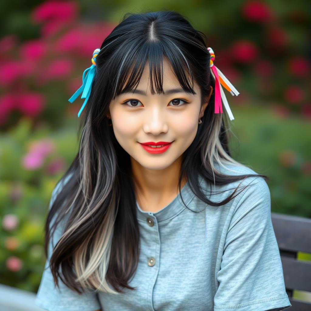A beautiful Korean woman wearing a gray button-up t-shirt, with long black hair featuring streaks of white