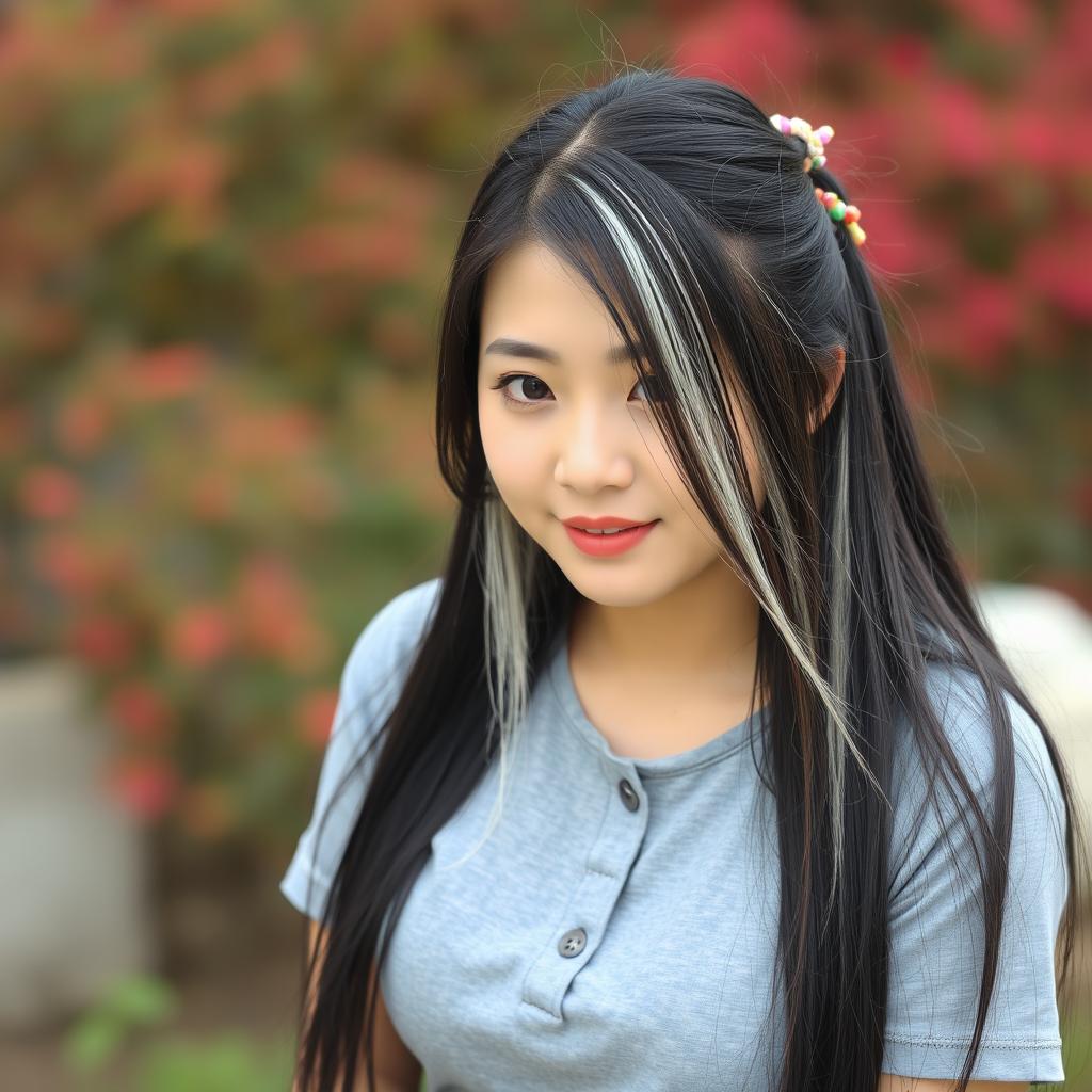 A beautiful Korean woman wearing a gray button-up t-shirt, with long black hair featuring several strands of white
