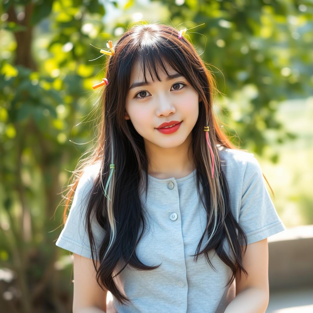 A beautiful Korean woman wearing a light gray button-up t-shirt, with long black hair featuring some white strands, partially tied with colorful rubber bands