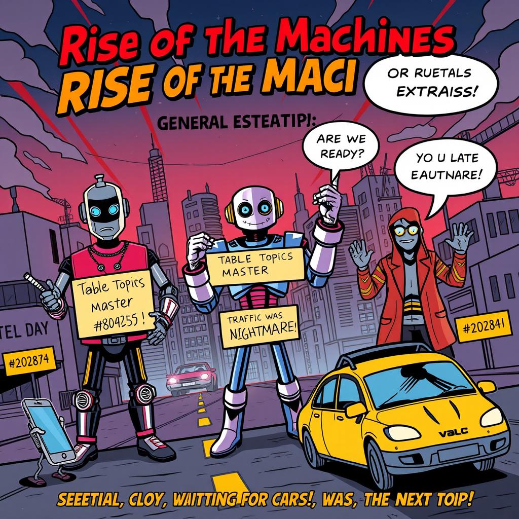 A comic-style poster showcasing a humorous futuristic dystopian city dominated by AI, robots, and self-driving cars