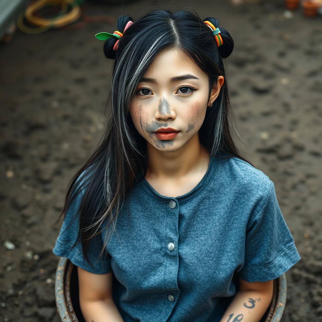 A beautiful Korean woman wearing a gray button-up t-shirt, with long black hair featuring streaks of white, partially tied up with colorful rubber bands
