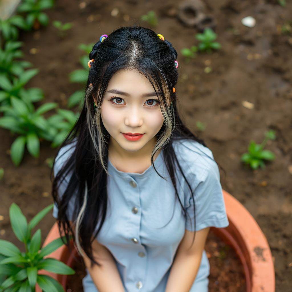 A beautiful Korean woman wearing a light grey button-up t-shirt, with long black hair that has several white strands
