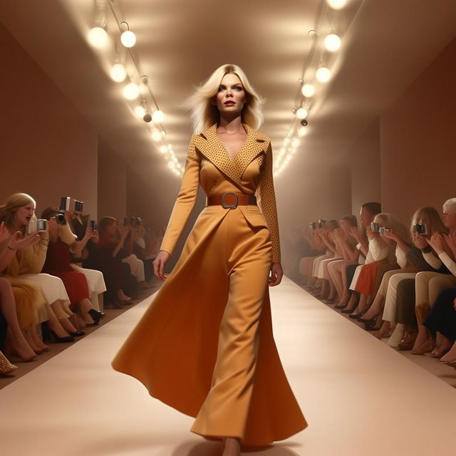 Kate Moss dressed in a classic 70s Dior outfit, strutting down the runway, with the action captured in a vintage photo aesthetic.