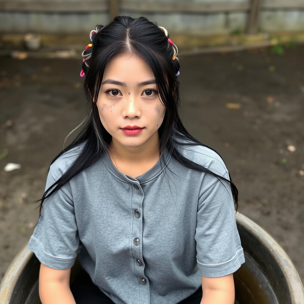 A beautiful Korean woman wearing a gray button-up t-shirt, with long black hair featuring a few white strands, styled partially tied up with colorful rubber bands