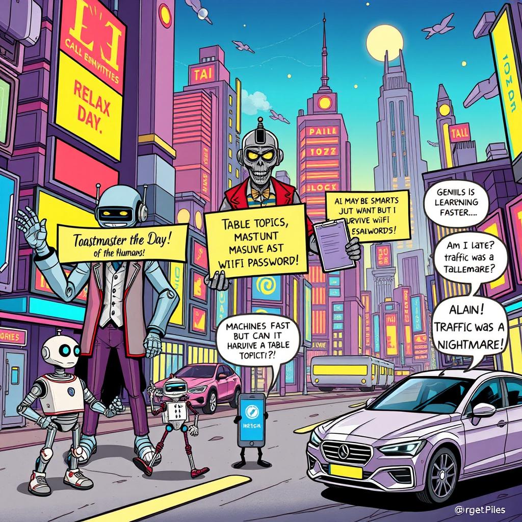 A comic-style poster set in a vibrant futuristic dystopian city where AI, robots, and self-driving cars are in charge