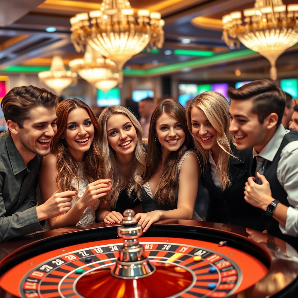 A lively and engaging scene of a group of strikingly beautiful young German adults, both men and women, filled with joy as they gather around a roulette table in a busy Dutch casino