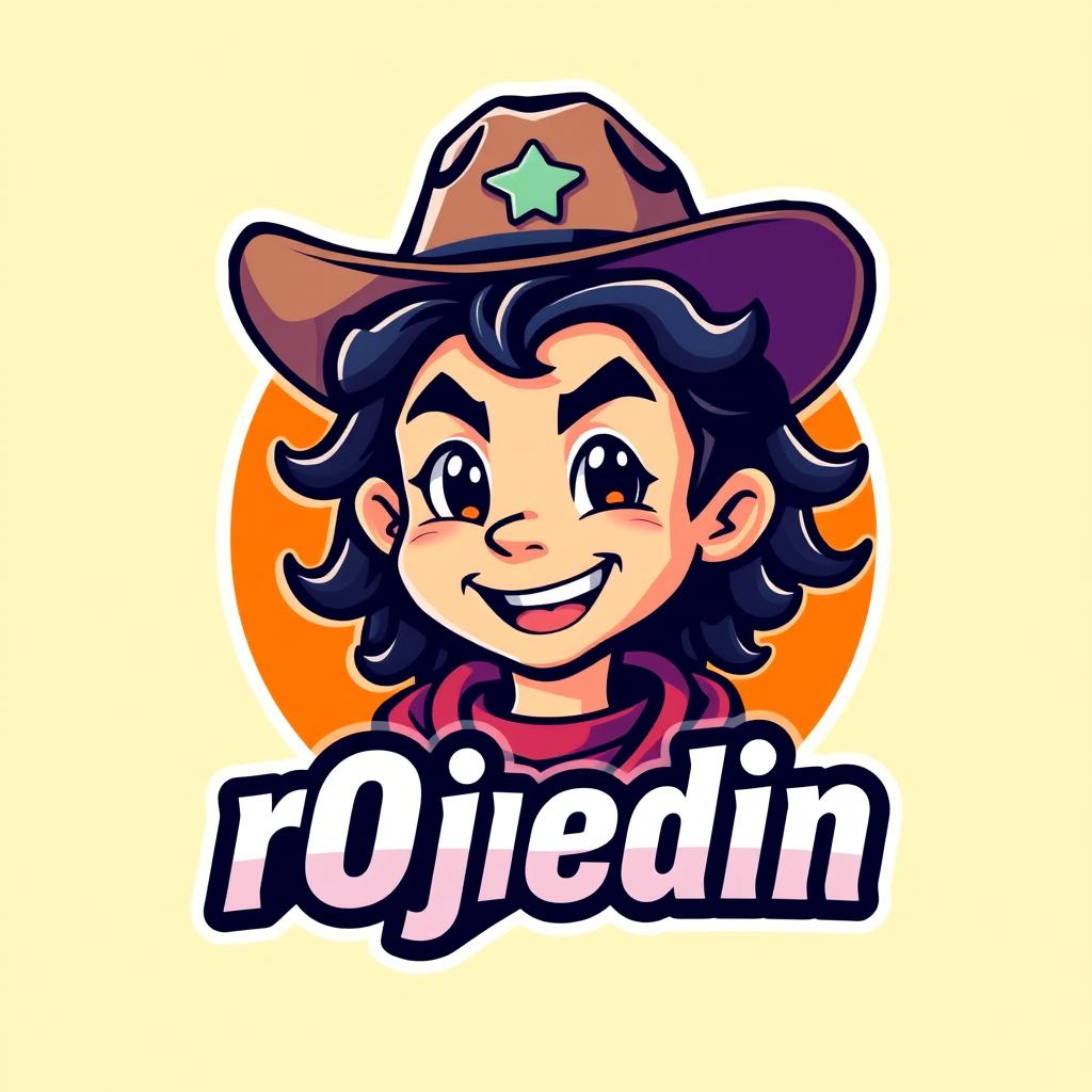 A vibrant mascot logo featuring a gamer boy with dark curly long hair wearing a cowboy hat