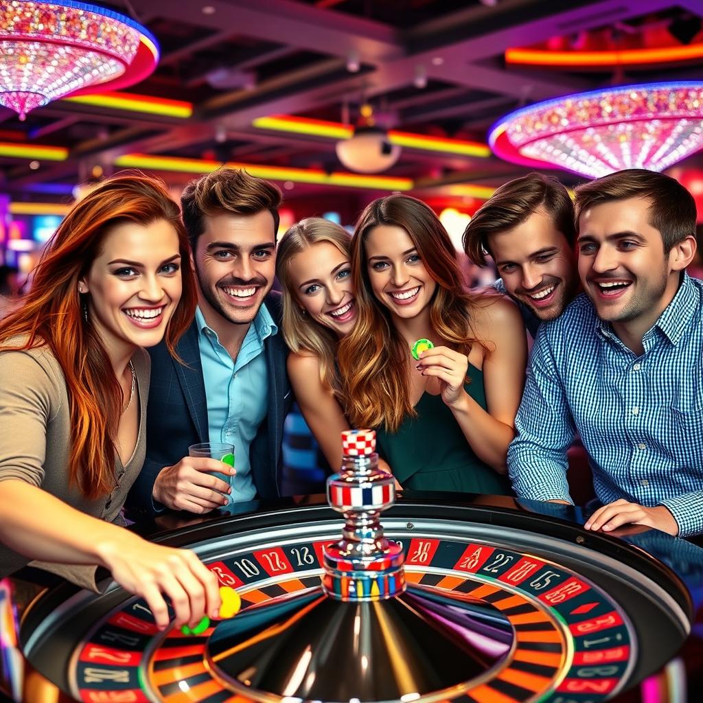 A lively and enjoyable scene featuring a group of five beautiful young German adults, consisting of three men and two women, having a great time at a roulette table in a bustling Dutch casino