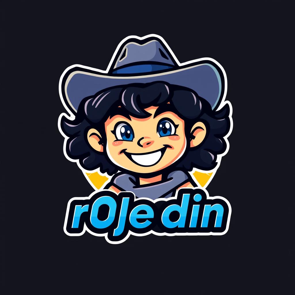 A stylish mascot logo featuring a gamer boy with dark curly long hair, wearing a cowboy hat